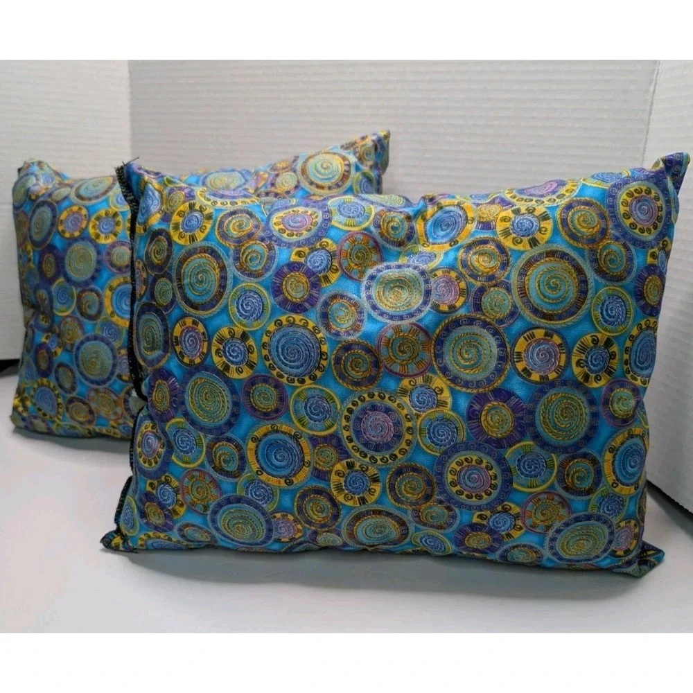 Set of 2 Decorative Pillows 12x16 Blue Gold Boho Swirl Pattern Meditation